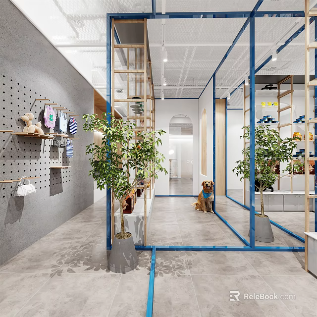 Modern Shopping Mall Store Interior With Blue Frames Green Plants Display Shelves And Dog 3d model 