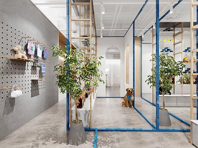 Modern Shopping Mall Store Interior With Blue Frames Green Plants Display Shelves And Dog 3d model