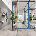 Modern Shopping Mall Store Interior With Blue Frames Green Plants Display Shelves And Dog