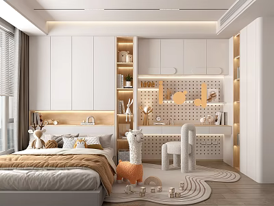 Modern Cozy Tatami Bedroom Interior Design With Bed Bookshelves Desk Toys And Rug 3d model