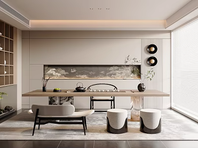 Modern Tea Room Interior With Long Table Chairs And Decorations 3d model