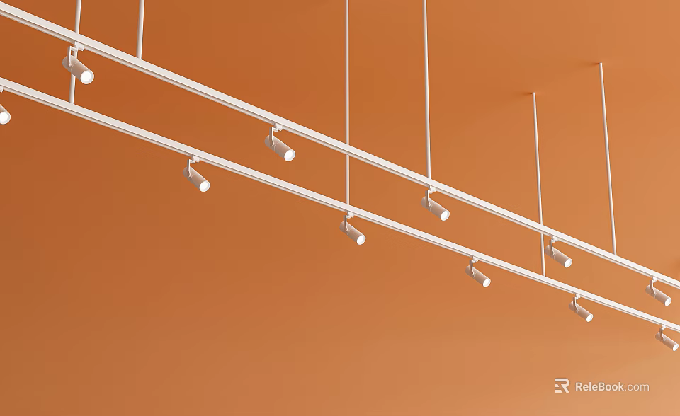 Track Mounted Downlights and Spotlights on Orange Ceiling with Multiple Fixtures 3d model 