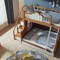 Kids Room Wooden Bunk Bed With Stairs Ladder Storage Drawers Blue Walls Wooden Floor
