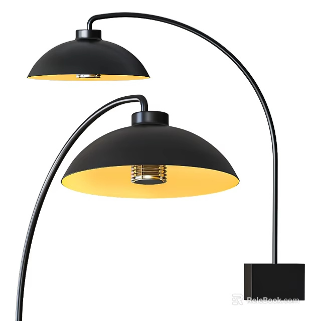 Modern Black Dome Shaped Floor Lamp With Curved Metal Pole And Yellow Light 3d model 