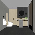Elegant Modern Bathroom Interior With Gray Walls Dark Wooden Cabinets Round Mirror And Pendant Lights
