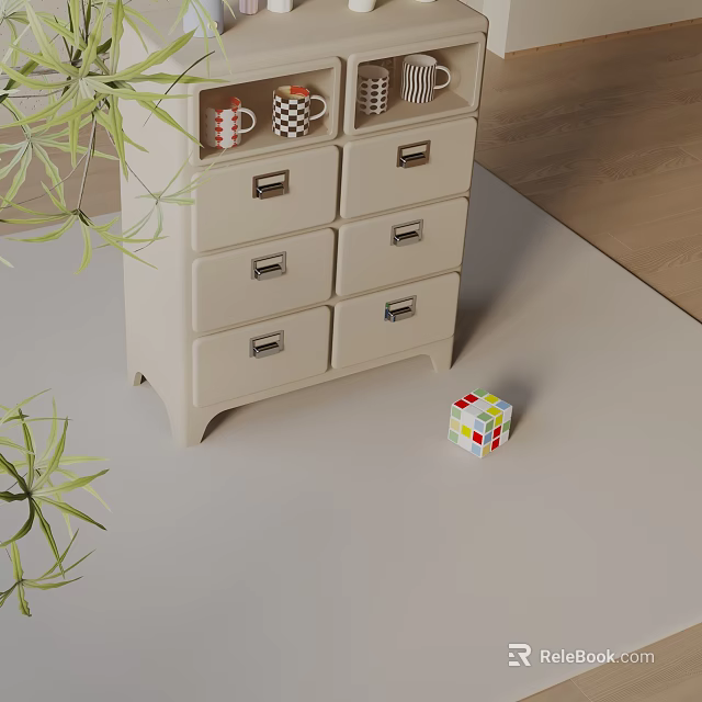 Beige Storage Cabinet With Multiple Drawers Mugs On Top Rubik's Cube And Green Plants Nearby 3d model 