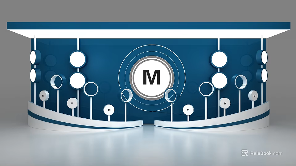 Modern Blue Background Wall With Circular Decorations Central Letter M And White Geometric Elements 3d model 