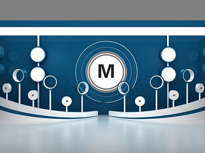 Modern Blue Background Wall With Circular Decorations Central Letter M And White Geometric Elements 3d model