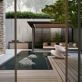 Modern Courtyard Garden With Stone Walls Red Maple Tree Green Plants And Stone Slab Flooring