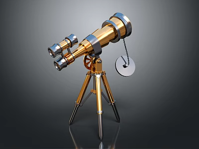 Gold And Silver Telescope Equipment With Tripod Stand Chain And Circular Plate 3d model