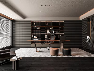 Modern Study Room Interior With Wooden Desk Open Bookshelf Comfortable Chair And Area Rug 3d model