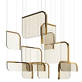 Modern Geometric Chandelier With Gold Frame And Transparent Mesh Shades Hanging In Layered Arrangement