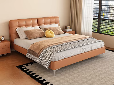 Brown Leather Headboard Double Bed With Pillows Yellow Cushion Striped Blanket And Nightstands 3d model