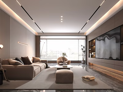 Modern Living Room Interior With Beige Sofa Large TV Floor to Ceiling Windows And Rug 3d model