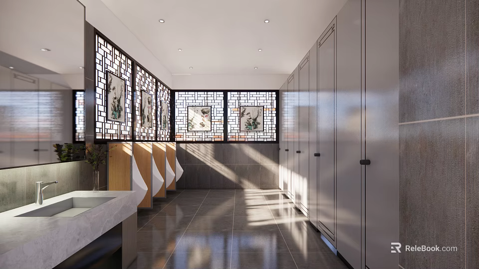 Modern Public Restroom Interior Design With Decorative Windows Shiny Tiled Floor And Stalls 3d model 