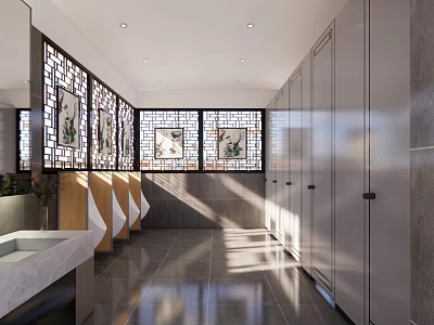 Modern Public Restroom Interior Design With Decorative Windows Shiny Tiled Floor And Stalls 3d model
