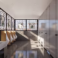 Modern Public Restroom Interior Design With Decorative Windows Shiny Tiled Floor And Stalls