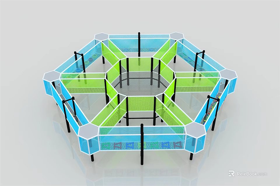 Hexagonal Children Play Equipment With Blue And Green Frames And Net Design 3d model 