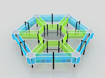 Hexagonal Children Play Equipment With Blue And Green Frames And Net Design 3d model