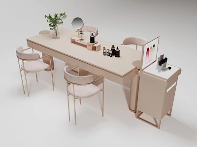 Modern Elegant Cosmetics Display Shelves With Table Chairs Mirror And Potted Plant 3d model