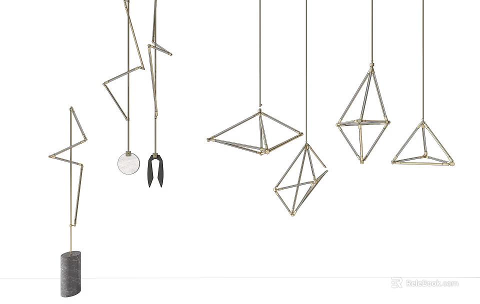 Modern Geometric Hanging Lighting Fixture Set With Golden Metal Frames And Minimalist Design 3d model 