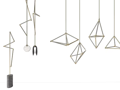 Modern Geometric Hanging Lighting Fixture Set With Golden Metal Frames And Minimalist Design 3d model