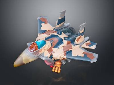 Camouflage Coated Spacecraft With Blue Cockpit Yellow Nose And Rocket Attachments 3d model