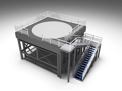 Modern Industrial Stairs with Circular Platform Metal Frame and Blue Steps Railing 3d model