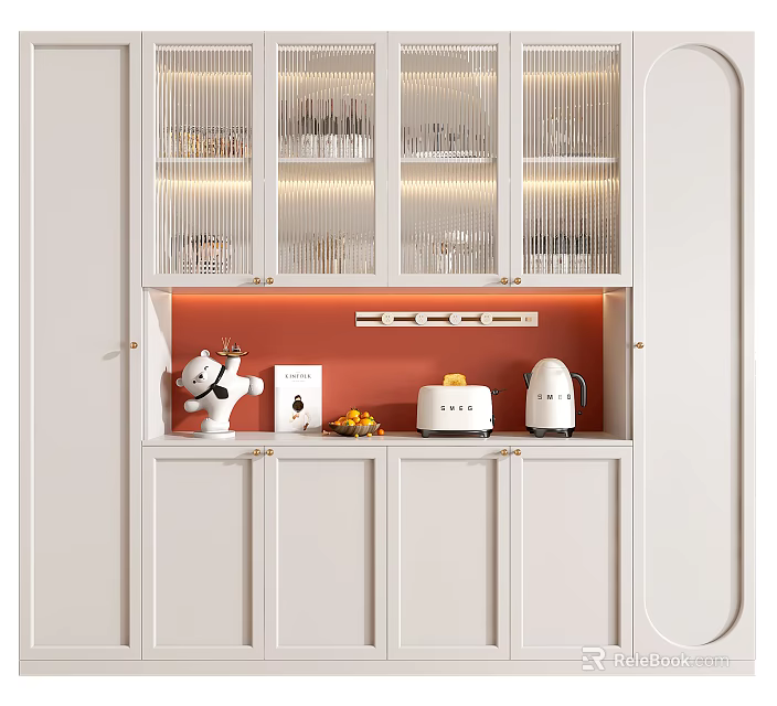 Modern White Wine Cabinet With Glass Doors Lighting And Storage Cabinets Plus Decorative Items 3d model 