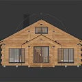 Wooden Cabin Exterior With Black Roof Chimney And Front Porch Steps