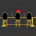 Elegant Dining Table Set With Green Marble Top Golden Frame Black Chairs And Red Flower
