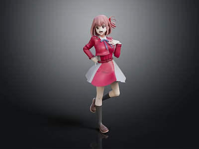 Anime Style Character With Pink Hair Wearing Red Coat And White Skirt Standing Pose 3d model