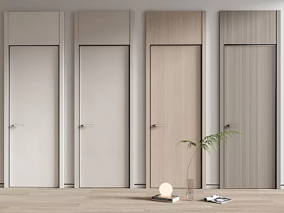 Four Different Colored Flush Doors with Light Walls Light Wood Flooring Green Plant and Decor 3d model
