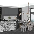 Modern Dining Set With Marble Island And Kitchen Cabinets In Open Layout 3d model