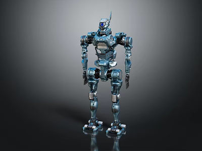 Detailed Blue Metallic Robot With Mechanical Joints Standing On Dark Background 3d model