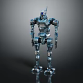 Detailed Blue Metallic Robot With Mechanical Joints Standing On Dark Background