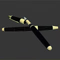 Elegant Gray Pens With Gold Tips On Black Smooth Surface And Shiny Reflections 3d model
