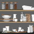 Organized White Kitchenware With Storage Jars Bowls And Mugs On Shelves