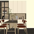 Modern Dining Table Set with Orange Chairs White Cabinets and Green Plant Decorations