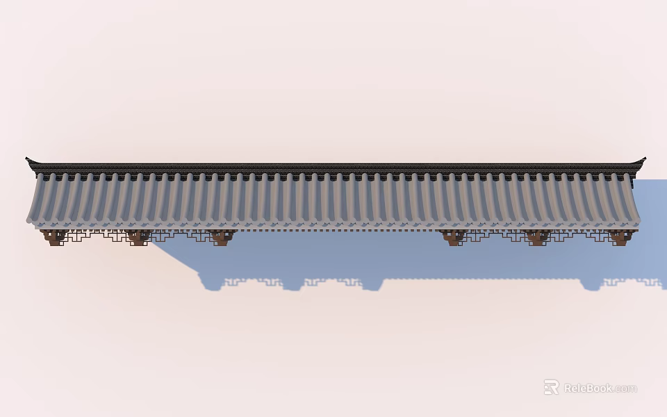 Traditional Building Exterior Wall Design With Gray Tile Roof And Blue Decorative Brackets 3d model 