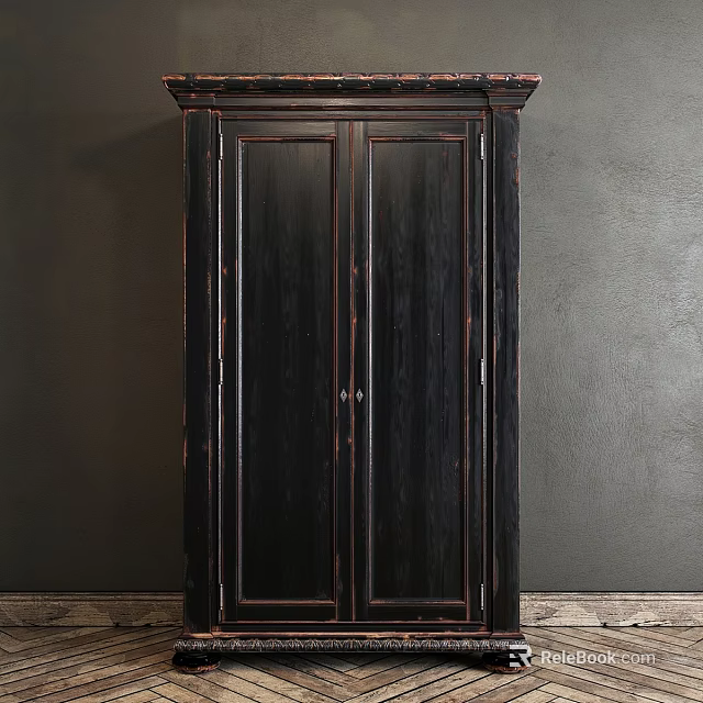 Classic Black Wooden Double Door Cabinet Against Gray Wall Background 3d model 