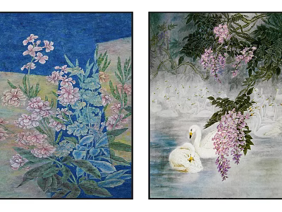 Floral Art Paintings With Pink Flowers Blue Background And White Swans Wisteria 3d model