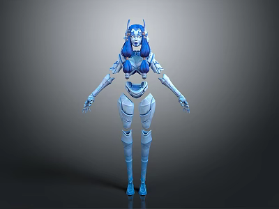 Blue Female Robot With Mechanical Body Structure And Futuristic Blue Hair 3d model