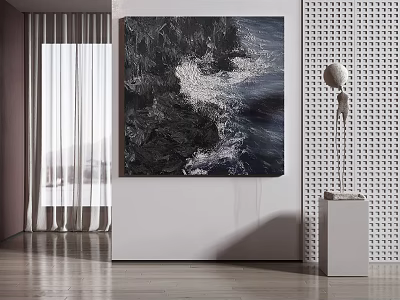 Modern Interior Design With Seascape Painting White Sculpture Natural Light And Wooden Floor 3d model