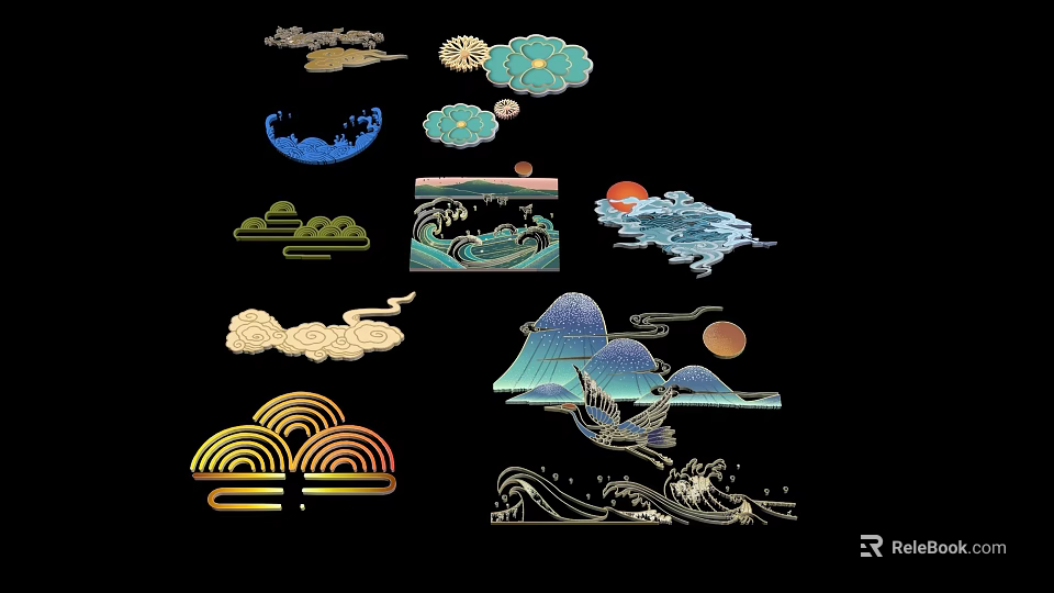 Traditional Chinese Decorative Patterns Including Clouds Waves Mountains Sun and Crane for Design 3d model