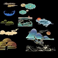 Traditional Chinese Decorative Patterns Including Clouds Waves Mountains Sun and Crane for Design 3d model
