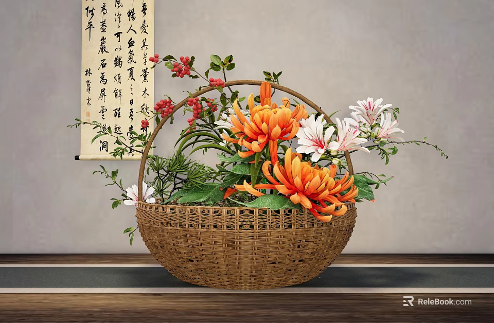 Traditional Wicker Basket Arrangement With Orange Chrysanthemums White Lilies Red Flowers And Green Leaves 3d model 