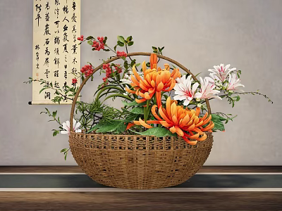 Traditional Wicker Basket Arrangement With Orange Chrysanthemums White Lilies Red Flowers And Green Leaves 3d model