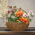 Traditional Wicker Basket Arrangement With Orange Chrysanthemums White Lilies Red Flowers And Green Leaves
