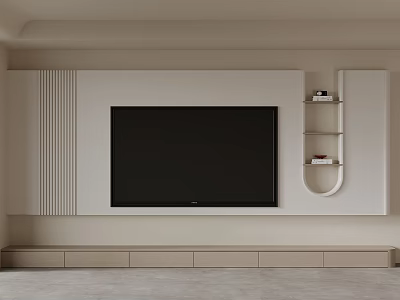 Modern Neutral TV Wall Design With Vertical Slats Curved Shelves And Base Cabinets 3d model